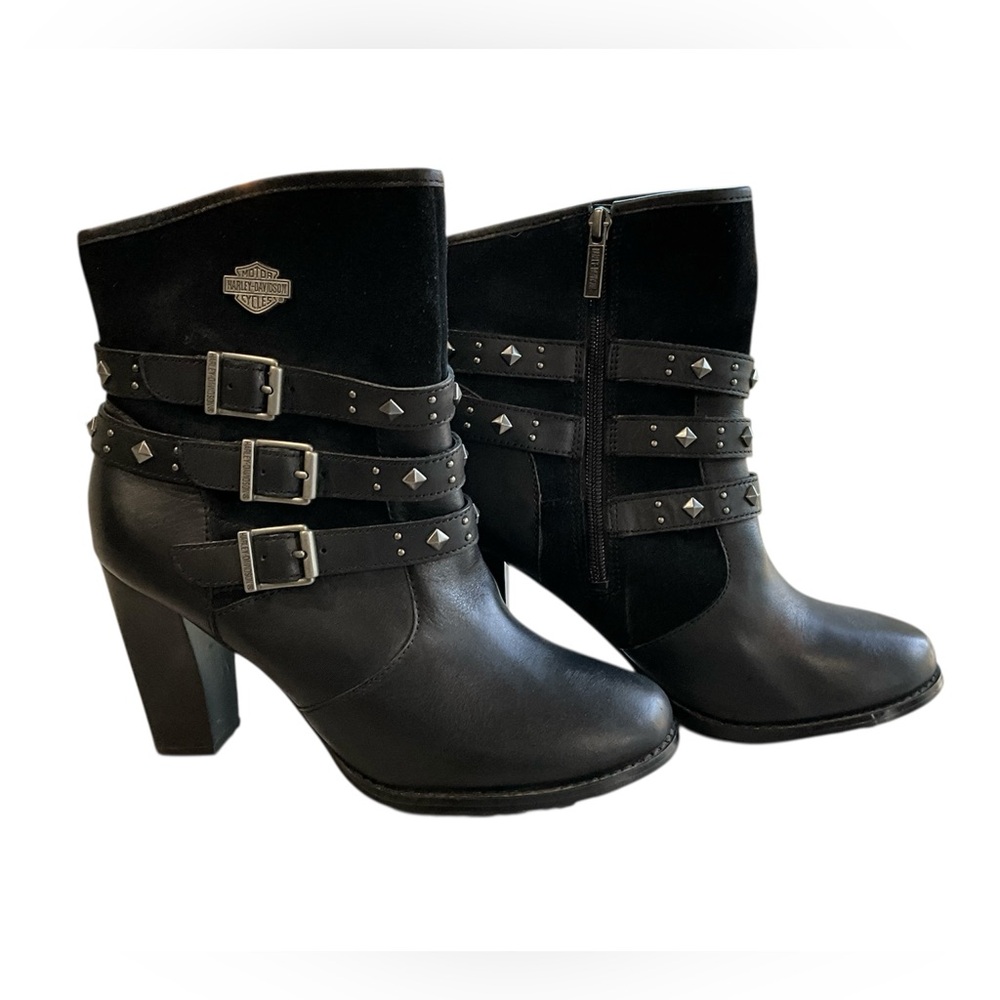 Harley-Davidson Abbey  High Black Heeled Boots with Studded Straps.
Size 9